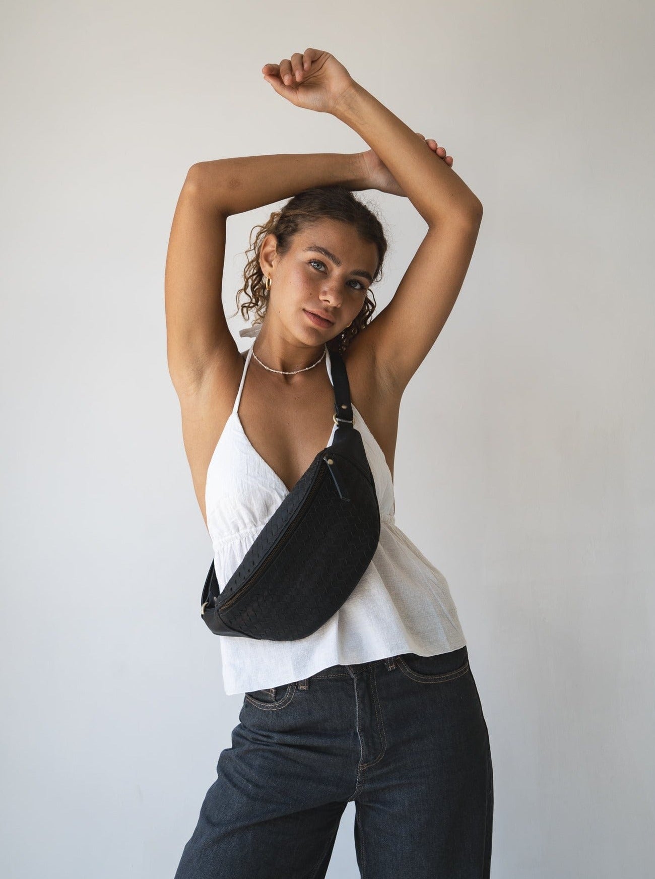 MANDRN | The Woven Atlas- Black Leather Fanny Pack