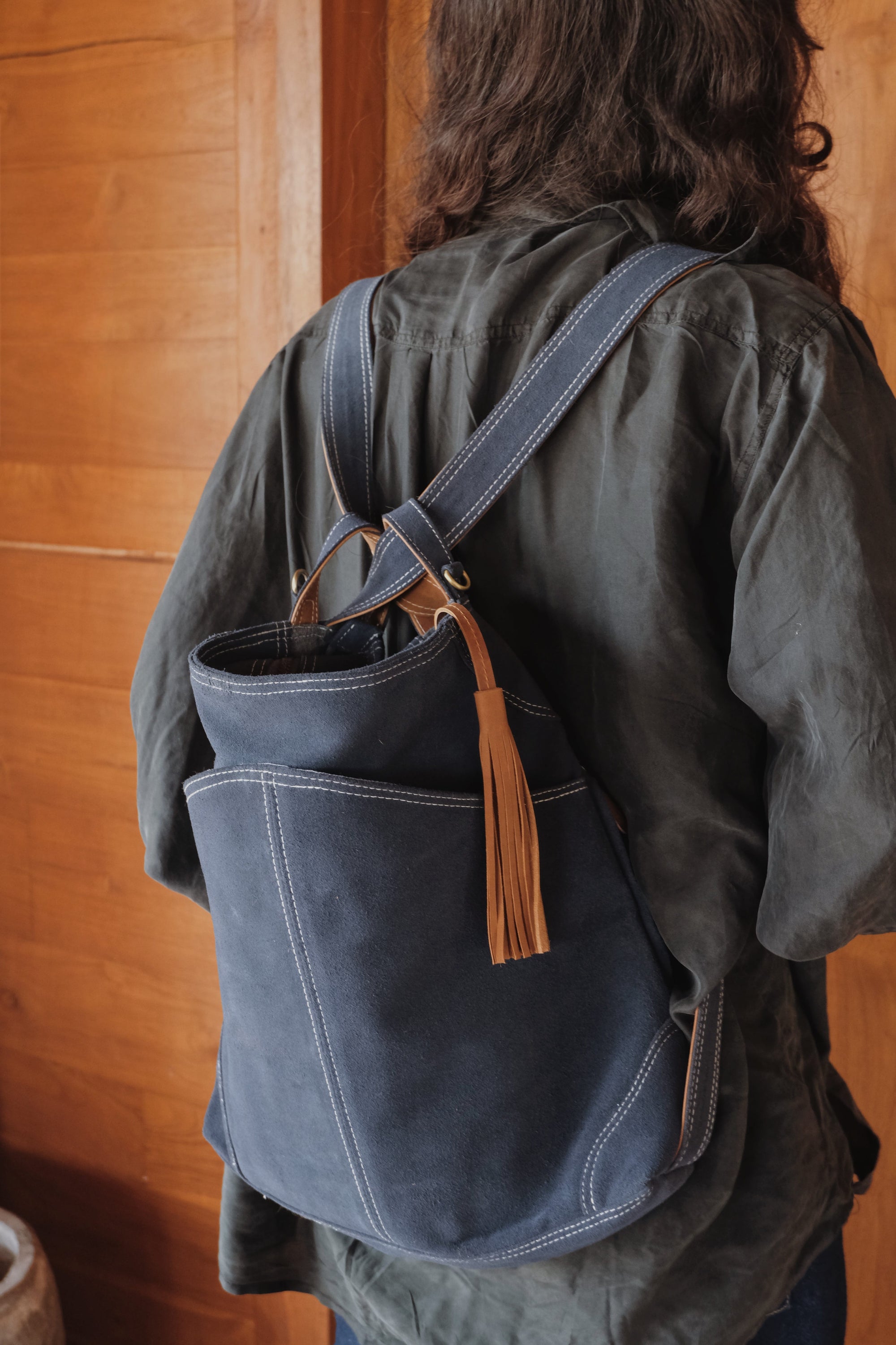Woven Convertible Leather Tote To Backpack in Blue
